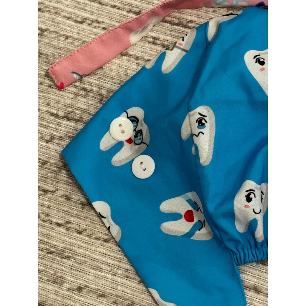 Set of 4 Dental Scrub Caps with Buttons for Masks Tooth Print Pink Blue Grey